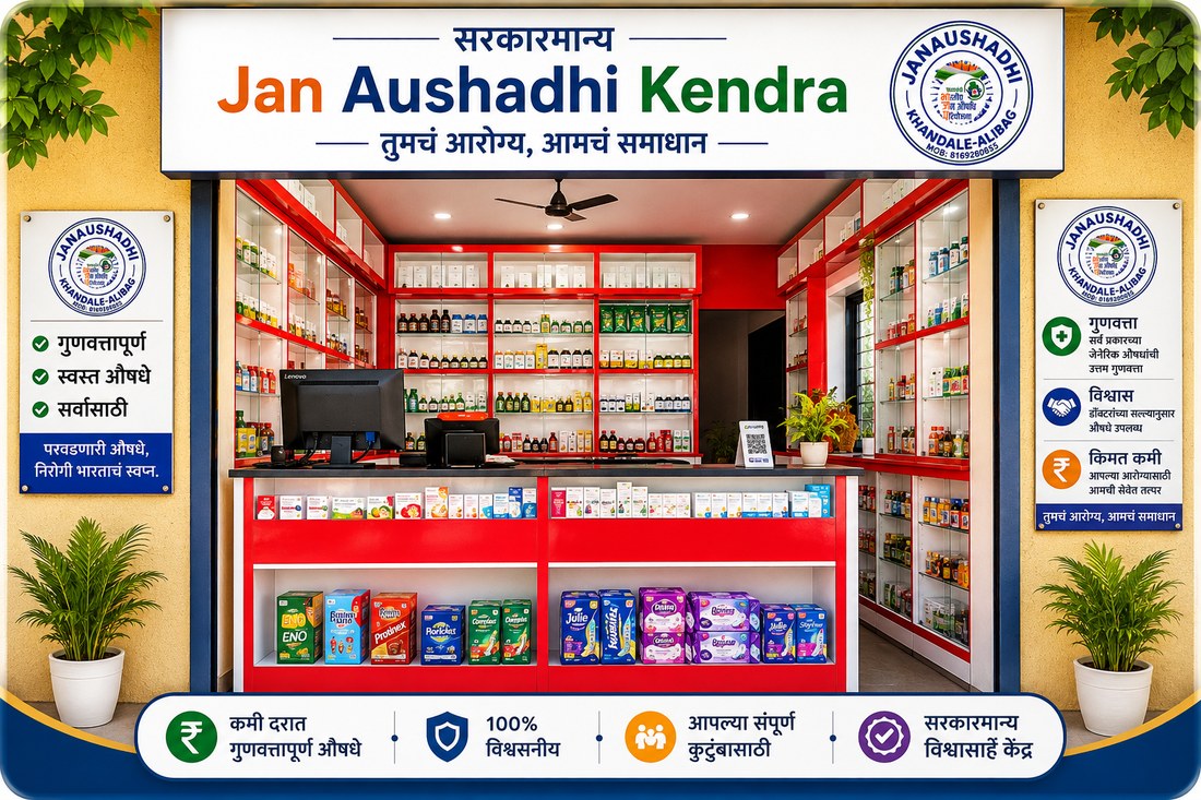 Jan Aushadhi Kendra shop front, Khandale, Alibag